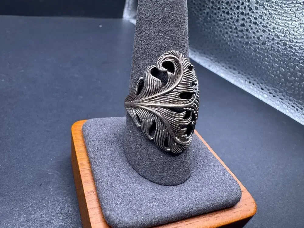 Vintage Sterling Silver 925 Feather Leaf Statement Ring Ornate Size 10.25